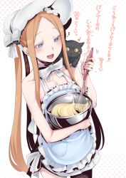 Rule 34 | 1girl, abigail williams (fate), abigail williams (swimsuit foreigner) (fate), abigail williams (swimsuit foreigner) (third ascension) (fate), animal, animal on shoulder, apron, bare shoulders, batter, bikini, black cat, blonde hair, blue eyes, blush, bonnet, bow, bowl, braid, breasts, cat, cat on shoulder, commentary request, cooking, fate/grand order, fate (series), forehead, hair bow, hair rings, highres, long hair, mixing bowl, nakamura regura, naked apron, open mouth, parted bangs, sidelocks, simple background, small breasts, smile, swimsuit, translation request, twin braids, twintails, very long hair, whisk, white apron, white background, white bikini, white bow, white headwear