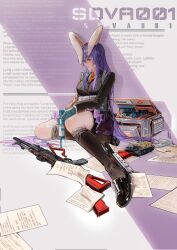 Rule 34 | 1girl, absurdres, animal ears, black footwear, black jacket, black socks, blazer, case, crying, first aid kit, full body, gun, highres, holding, holding gun, holding weapon, jacket, kneehighs, long hair, long sleeves, looking to the side, necktie, paper, parted lips, purple hair, purple skirt, rabbit ears, rabbit girl, red eyes, red necktie, reisen udongein inaba, rifle, shoes, sitting, skirt, socks, solo, touhou, very long hair, weapon, xiuchundao