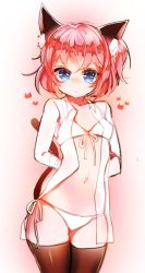 Rule 34 | 1girl, animal ears, bikini, blue eyes, blush, closers, collarbone, lingerie, looking at viewer, navel, open clothes, open shirt, peanutc, pink hair, red hair, seulbi lee, short hair, solo, swimsuit, tail, thighhighs, underwear