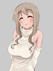 Rule 34 | 1girl, arms behind back, bad id, bad twitter id, blush, brown eyes, brown hair, closed eyes, closed mouth, commentary request, detached sleeves, grey background, hair over shoulder, halterneck, kento1102, long hair, looking at viewer, original, scrunchie, shirt, simple background, smile, solo, standing, upper body, white shirt