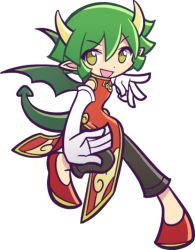 Rule 34 | 1girl, china dress, chinese clothes, draco centauros, dragon girl, dragon tail, dragon wings, dress, fighting stance, full body, gloves, green hair, horns, madou monogatari, official art, pants, pointy ears, puyopuyo, puyopuyo fever, shoes, short hair, smile, solo, tail, takenami hideyuki, transparent background, white background, wings, yellow eyes