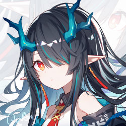Rule 34 | 1girl, arknights, artist name, bare shoulders, black hair, china dress, chinese clothes, chinese commentary, commentary, dragon horns, dress, dusk (arknights), earrings, hair over one eye, horns, jewelry, long hair, multicolored hair, necktie, pointy ears, portrait, quan (kurisu tina), red eyes, red necktie, solo, streaked hair, white dress, zoom layer