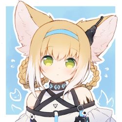 Rule 34 | 1girl, animal ears, arknights, bare shoulders, black collar, blonde hair, blue background, blue hairband, border, braid, collar, colored tips, dress, earpiece, fox ears, green eyes, hairband, highres, hikariin25, infection monitor (arknights), long hair, looking at viewer, material growth, multicolored hair, oripathy lesion (arknights), outside border, simple background, solo, suzuran (arknights), upper body, white border, white dress, white hair