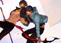 Rule 34 | 2boys, abs, ahoge, arash (fate), bare pectorals, black hair, black shirt, bow (weapon), brown hair, couple, dark-skinned male, dark skin, earrings, fate/grand order, fate/prototype, fate/prototype: fragments of blue and silver, fate (series), fingers together, gold necklace, hand grab, holding hands, interlocked fingers, jacket, jewelry, looking at viewer, male focus, multiple boys, necklace, nipples, open clothes, open jacket, open mouth, ozymandias (fate), pants, pectorals, pvc parfait, revealing clothes, shirt, simple background, smile, staff, weapon, yaoi, yellow eyes