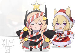 Rule 34 | 0w0, :3, :d, alternate costume, artist name, azur lane, text background, black footwear, black jacket, black legwear, black scarf, black skirt, blonde hair, blush, boots, christmas ornaments, closed mouth, commentary, crossover, doll, dress, english commentary, girls&#039; frontline, hat, headgear, highres, jacket, kreuzer 00, long hair, long sleeves, looking at viewer, m4 sopmod ii (girls&#039; frontline), m4 sopmod ii jr, multicolored clothes, multicolored hair, multicolored scarf, open mouth, purple eyes, red dress, red hair, red headwear, ribbon, santa costume, santa hat, scarf, short hair with long locks, shrug, simple background, skirt, smile, smug, stance, standing, star (symbol), thighhighs, very long hair, warspite (azur lane), white background, white eyes, white scarf