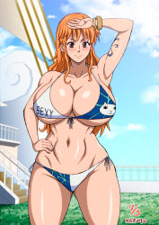 Rule 34 | 1girl, absurdres, bikini, breasts, cleavage, highres, huge breasts, large breasts, long hair, nami (one piece), naruho, one piece, orange hair, outdoors, smile, swimsuit