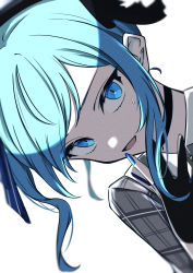Rule 34 | 1girl, :d, absurdres, black gloves, blue eyes, blue hair, blue nails, commentary, dutch angle, finger to mouth, fingerless gloves, gloves, highres, hololive, hoshimachi suisei, hoshimachi suisei (1st costume), looking at viewer, medium hair, nail polish, nanashnojo, open mouth, plaid, simple background, smile, solo, swept bangs, upper body, virtual youtuber, white background
