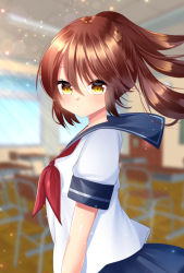 Rule 34 | 1girl, bad id, bad pixiv id, blue sailor collar, blue skirt, blurry, blurry background, blush, brown eyes, brown hair, chair, closed mouth, commentary, day, depth of field, desk, hair between eyes, indoors, long hair, looking at viewer, looking to the side, misaki (misaki86), neckerchief, original, ponytail, red neckerchief, sailor collar, school chair, school desk, school uniform, serafuku, shirt, short sleeves, sidelocks, skirt, solo, white shirt, window