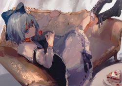 Rule 34 | 1girl, blue bow, blue eyes, blue hair, boots, bow, cake, cirno, coach, commentary, cross-laced footwear, dress, food, frilled skirt, frills, fruit, hair bow, highres, isshin (kaxz), lace-up boots, long sleeves, looking to the side, lying, on back, pinky out, ribbon, ribbon-trimmed collar, ribbon-trimmed skirt, ribbon trim, short hair, sidelocks, skirt, solo, strawberry, touhou