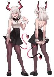 Rule 34 | 1girl, arms behind back, back, bare shoulders, bat bowtie, black footwear, black skirt, bow, bowtie, breasts, closed mouth, colored eyelashes, demon girl, demon horns, demon tail, fangs, from behind, full body, hair between eyes, hand up, highres, horns, jourd4n, looking at viewer, looking back, medium breasts, medium hair, multiple views, open mouth, original, pantyhose, pointy ears, rayzel (jourd4n), red eyes, shirt, sideways glance, simple background, skirt, sleeveless, sleeveless shirt, slit pupils, smile, tail, white background, white hair, wrist cuffs