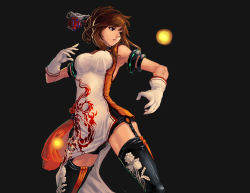 Rule 34 | 00s, 1girl, armlet, armpits, bare shoulders, black background, black thighhighs, breasts, brown eyes, brown hair, chinese clothes, dungeon, dungeon and fighter, fighter (dungeon and fighter), fighting stance, floral print, garter straps, gloves, hair ornament, hair stick, highres, nen master, nen master (dungeon and fighter), orb, parted lips, qbspdl, serious, shirt, short hair, simple background, solo, taut clothes, taut shirt, thighhighs, white gloves