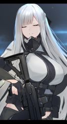 Rule 34 | 1girl, ak-12, ak-12 (girls&#039; frontline), assault rifle, black gloves, black ribbon, breasts, closed eyes, feet out of frame, girls&#039; frontline, gloves, gun, hair ribbon, hayabusa, highres, kalashnikov rifle, large breasts, light smile, long hair, mask, mask around neck, mouth mask, night, night sky, pants, parted lips, ribbon, rifle, silver hair, sky, solo, tactical clothes, very long hair, weapon