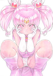 1girl bishoujo_senshi_sailor_moon blush boots chibi_usa elbow_gloves gloves leotard long_hair looking_at_viewer partially_visible_vulva pink_footwear pink_hair pink_sailor_collar red_eyes sailor_chibi_moon sailor_collar solo squatting thigh_boots twintails white_background white_gloves white_leotard zanma