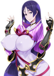 Rule 34 | 1girl, absurdres, bracelet, breasts, fate (series), fingerless gloves, fingernails, gloves, grey eyes, highres, huge breasts, ippo, jewelry, lips, long hair, looking at viewer, minamoto no raikou (fate), nails, nipples through clothes, purple eyes, purple hair, sharp fingernails, smile, white background