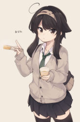 Rule 34 | 1girl, :t, ahoge, backpack, bag, black hair, black skirt, black thighhighs, blush, brown background, brown cardigan, brown eyes, brown hairband, cardigan, chopsticks, closed mouth, collared shirt, commentary request, cup, disposable cup, dress shirt, eating, food, green necktie, hairband, holding, holding chopsticks, holding cup, long hair, long sleeves, looking at viewer, natsuki teru, necktie, original, pleated skirt, school uniform, shikibe ayaka, shirt, sidelocks, simple background, skirt, sleeves past wrists, solo, thighhighs, translation request, v-shaped eyebrows, white shirt