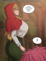 Rule 34 | 1boy, 1girl, ?, age difference, artist request, ass, blonde hair, blue eyes, breasts, capelet, from side, green pants, grimm (red hood), hood, hood up, hooded capelet, huge breasts, long hair, looking away, mature female, pants, red hood, red hood (kawaguchi), shirt, size difference, speech bubble, tall female, velou (red hood), white shirt