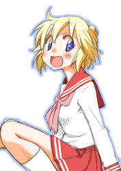 Rule 34 | 00s, 1girl, :d, blonde hair, blue eyes, blush, looking at viewer, lucky star, mikami komata, mikami konu, open mouth, outline, patricia martin, school uniform, serafuku, short hair, simple background, smile, solo, white background
