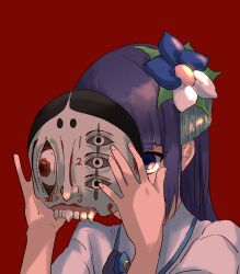 Rule 34 | 1girl, aoi ch., blue eyes, commentary request, covered face, flower, fuji aoi, hair flower, hair ornament, half mask, hands up, highres, holding, holding mask, kanzashi, long hair, looking at viewer, mask, noh mask, one eye covered, portrait, purple hair, red background, removing mask, shirt, short sleeves, simple background, solo, tokono touhi, virtual youtuber, white shirt
