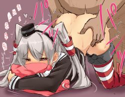 Rule 34 | 10s, 1boy, 1girl, all fours, amatsukaze (kancolle), ass, bottomless, cassandra (seishun katsu sando), clothed female nude male, doggystyle, face in pillow, fat, fat man, heart, hetero, hugging object, kantai collection, long hair, nude, pillow, pillow hug, school uniform, serafuku, sex, sex from behind, silver hair, simple background, sketch, solo focus, sweat, tears, thighhighs, top-down bottom-up, trembling