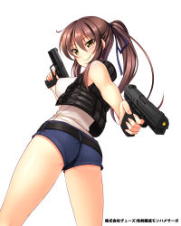 Rule 34 | 10s, 1girl, ass, belt, blush, breasts, brown hair, cowboy shot, dual wielding, from behind, gun, h&amp;k usp, handgun, heckler &amp; koch, highres, holding, large breasts, long hair, looking at viewer, love live!, love live! school idol project, official art, ponytail, seiken rensei monhame saga, short shorts, shorts, simple background, solo, vest, weapon, white background, yu-ta