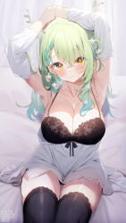 Rule 34 | 1girl, alternate costume, antlers, armpits, arms up, bed sheet, black bra, black thighhighs, bra, branch, breasts, ceres fauna, cleavage, collarbone, detached sleeves, deyui, dress, flower, green hair, hair flower, hair ornament, highres, hololive, hololive english, horns, lace, lace-trimmed dress, lace bra, lace trim, large breasts, leaf, light particles, long hair, looking at viewer, mole, mole under eye, short dress, sitting, smile, solo, stretching, thighhighs, thighs, underwear, virtual youtuber, watermark, wavy hair, white dress, white flower, yellow eyes, zettai ryouiki