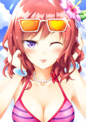 Rule 34 | 10s, 1girl, ;p, aoi usagi, bad id, bad pixiv id, bikini, blush, breasts, cleavage, day, eyewear on head, flower, heart, hibiscus, jewelry, looking at viewer, love live!, love live! school idol festival, love live! school idol project, medium breasts, necklace, nishikino maki, one eye closed, purple eyes, red hair, short hair, sky, solo, sunglasses, swimsuit, tongue, tongue out, upper body, wink
