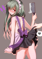 Rule 34 | 1girl, aki663, apron, blush, cleaver, clothes lift, green hair, highres, kagerou project, kido tsubomi, long hair, maid headdress, red eyes, skirt, skirt lift, solo focus, topless