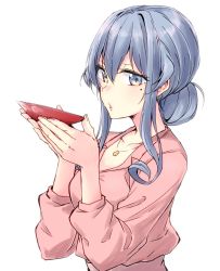 Rule 34 | 1girl, blue hair, breasts, casual, cleavage, cup, from side, gotland (kancolle), hair between eyes, hair bun, holding, holding cup, jewelry, kantai collection, long hair, long sleeves, looking at viewer, medium breasts, mole, mole under eye, necklace, pink shirt, rindou (rindou annon), sakazuki, shirt, simple background, single hair bun, solo, upper body, white background