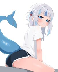 1girl absurdres black_shorts blue_eyes blue_hair blush commentary dated_commentary fins fish_tail from_side gawr_gura grey_hair hair_ornament highres hololive hololive_english long_hair looking_at_viewer mingkozus multicolored_hair shark_girl shark_hair_ornament shark_tail shirt short_shorts short_sleeves shorts sidelocks simple_background sitting smile solo streaked_hair tail teeth virtual_youtuber white_background white_shirt