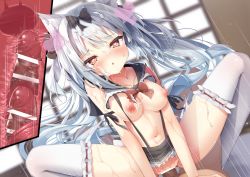 Rule 34 | 1boy, 1girl, animal ear fluff, azur lane, bar censor, black bow, blurry, blurry background, blush, bow, breasts, censored, cross-section, cum, cum on body, cum on breasts, cum on upper body, facial, hair bow, heart, heart-shaped pupils, highres, large breasts, long hair, looking at viewer, madotsukumo, motion blur, navel, nipples, open mouth, oppai loli, penis, pov, red eyes, sex, silver hair, solo focus, squatting cowgirl position, sweat, symbol-shaped pupils, thighhighs, vaginal, white thighhighs, yukikaze (azur lane)