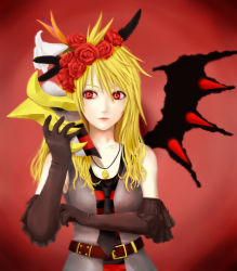 Rule 34 | 1girl, alternate form, belt, blonde hair, creatures (company), elbow gloves, flower, game freak, gen 4 pokemon, giratina, giratina (altered), gloves, hair flower, hair ornament, highres, jewelry, legendary pokemon, long hair, mask, necklace, nintendo, personification, pokemon, red eyes, rose, saty-rokuji, single wing, solo, wings