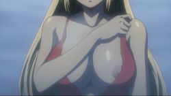 Rule 34 | 1girl, animated, animated gif, blonde hair, breasts, dress, freezing (series), large breasts, long hair, nipple slip, nipples, red dress, satellizer el bridget, solo, topless, torn clothes, undressing
