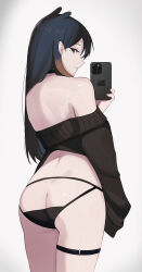 Rule 34 | 1girl, absurdres, ass, ass cutout, bare shoulders, black choker, black hair, black panties, black shirt, blue eyes, butt crack, cellphone, choker, closed mouth, clothing cutout, commentary, cowboy shot, ear piercing, earrings, from behind, goth fashion, highres, holding, holding phone, hololive, hololive english, jewelry, ku roiko, long hair, long sleeves, looking at viewer, looking back, mole, mole under eye, multicolored hair, ninomae ina&#039;nis, orange hair, panties, panty cutout, phone, piercing, pointy ears, selfie, shirt, simple background, smartphone, solo, straight hair, stud earrings, taking picture, takodachi (ninomae ina&#039;nis), tentacle hair, thigh strap, two-tone hair, underwear, virtual youtuber, white background