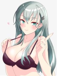 Rule 34 | 1girl, aqua eyes, aqua hair, bra, breasts, cleavage, commentary request, hair ornament, hairclip, highres, kantai collection, large breasts, long hair, looking at viewer, nitamako (sakamalh), purple bra, simple background, smile, solo, suzuya (kancolle), underwear, upper body, white background