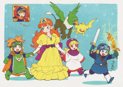 Rule 34 | 2girls, 3boys, armor, belt, blonde hair, blue eyes, blue gloves, blue headwear, blue tunic, blunt bangs, boots, cape, child, closed mouth, curly hair, dracky, dragon quest, dragon quest i, dragon quest ii, dress, elbow gloves, evil hawk, fake horns, floating, full body, gloves, goggles, goggles on headwear, green eyes, green footwear, green gloves, griffin, hands up, helmet, hero (dq1), holding, holding hands, holding weapon, hood, horns, jewelry, juliet sleeves, long hair, long sleeves, looking at another, monster, multiple boys, multiple girls, necklace, open mouth, orange cape, orange hair, prince, prince of lorasia, prince of samantoria, princess, princess laura, princess of moonbrook, puffy sleeves, purple footwear, purple headwear, purple ribbon, red cape, red eyes, red gloves, ribbon, robe, running, sash, shoulder armor, smile, spiked hair, tiara, v, walking, weapon, white footwear, white gloves, white robe, wide sleeves, yellow dress, yuza