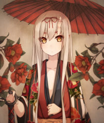 Rule 34 | 1girl, bad id, bad pixiv id, brown eyes, camellia, club (weapon), flower, holding, horns, japanese clothes, kimono, long hair, looking at viewer, oil-paper umbrella, oni, oni horns, original, revision, shuuichi, solo, umbrella, weapon, white hair