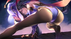 Rule 34 | 1girl, arm support, ass, back, bent over, black hair, black pantyhose, blue eyes, blush, bodystocking, bodysuit, bodysuit under clothes, genshin impact, hat, highres, leotard, looking at viewer, mona (genshin impact), open mouth, panties, panties under pantyhose, pantyhose, purple hat, purple leotard, soles, solo, spread legs, twintails, underwear, uosaasou, witch hat, wizard hat