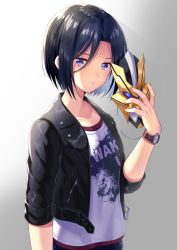 Rule 34 | 1girl, absurdres, bad id, bad pixiv id, black hair, black jacket, blouse, blue pants, clothes writing, collarbone, eyebrows hidden by hair, fingernails, forehead, from side, gradient background, grey background, highres, holding, holding mask, ichiren namiro, jacket, jun (princess connect!), jun (real) (princess connect!), leather, leather jacket, looking at viewer, mask, open clothes, open jacket, pants, parted bangs, princess connect!, purple eyes, shirt, short hair, solo, unworn mask, v-shaped eyebrows, watch, white background, white shirt, wristwatch