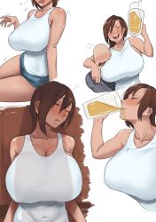 Rule 34 | 1girl, :d, alcohol, bare shoulders, blush, breasts, brown hair, cleavage, closed eyes, collarbone, cup, drinking glass, drunk, faceless, faceless male, hair between eyes, highres, holding, holding cup, huge breasts, medium hair, multiple views, open mouth, original, short shorts, shorts, smile, tan, tank top, tomiokasena, unconscious, white tank top