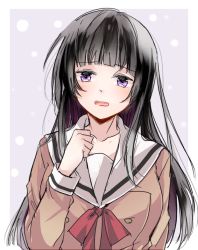 Rule 34 | 1girl, bang dream!, black hair, buttons, clenched hand, double-breasted, hanasakigawa school uniform, hand up, lemon (lmn826), long hair, long sleeves, looking at viewer, neck ribbon, open mouth, purple eyes, red ribbon, ribbon, school uniform, serafuku, shirokane rinko, solo, upper body