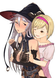 Rule 34 | 10s, 2girls, :o, bare shoulders, blonde hair, blush, grabbing another&#039;s breast, breasts, brown eyes, collarbone, djeeta (granblue fantasy), elbow gloves, fighter (granblue fantasy), fingerless gloves, gloves, grabbing, granblue fantasy, hairband, hat, large breasts, light purple hair, long hair, looking back, magisa (granblue fantasy), multiple girls, one eye closed, puffy sleeves, sentou, short hair, simple background, white background, witch hat, yuri