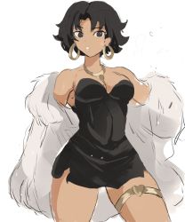 Rule 34 | 1girl, :o, betty boop, betty boop (character), black dress, black eyes, breasts, coat, dress, earrings, fur coat, gold earrings, gold necklace, heart, heart necklace, highres, hoop earrings, jewelry, medium breasts, messy hair, necklace, rakeemspoon, short hair, solo, tan, thighlet, white background, white coat, white fur