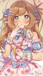 Rule 34 | 1girl, ahoge, arm guards, bare shoulders, blue ribbon, blush, breasts, brooch, chagi chage, cherry print, choker, collarbone, dot nose, dress, food print, frilled dress, frills, green eyes, hair ornament, hair ribbon, hairclip, hand to own mouth, heart, heart hair ornament, highres, holding, holding umbrella, idolmaster, idolmaster cinderella girls, idolmaster cinderella girls starlight stage, jewelry, large breasts, long hair, looking at viewer, open mouth, parted lips, polka dot, ribbon, sato shin, scrunchie, solo, twintails, twitter username, umbrella, white background, white choker, white dress