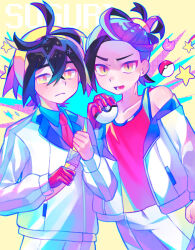 Rule 34 | 2boys, ahoge, black hair, blue shirt, bright pupils, buckle, closed mouth, collared shirt, commentary request, creatures (company), crossed bangs, game freak, gloves, hair between eyes, hairband, hand up, highres, holding, holding poke ball, iro (mywife sunny), jacket, kieran (pokemon), long sleeves, lower teeth only, male focus, multiple boys, necktie, nintendo, off shoulder, open mouth, poke ball, poke ball (basic), pokemon, pokemon sv, red gloves, red necktie, shirt, short hair, shorts, single glove, strap, teeth, white jacket, white pupils, white shorts, yellow eyes, yellow hairband
