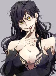 Rule 34 | 1girl, arm under breasts, bare shoulders, black dress, black hair, breasts, circlet, cleavage, collarbone, detached sleeves, dress, earrings, finger to mouth, fire emblem, fire emblem: the blazing blade, gold trim, grey background, head tilt, jewelry, large breasts, lipstick, long hair, looking at viewer, makeup, mature female, nintendo, plunging neckline, red lips, smile, solo, sonia (fire emblem: the blazing blade), sturm fe k11, teeth, upper body, yellow eyes
