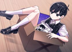 Rule 34 | 2boys, black eyes, black footwear, black hair, black vest, blush, box, bright pupils, cardboard box, closed mouth, collared shirt, commentary request, expressionless, hair between eyes, in box, in container, indoors, looking at viewer, male focus, mini person, miniboy, multiple boys, omori, omori (omori), shadow, shirt, shoes, short hair, short sleeves, socks, sunny (omori), vest, white pupils, white shirt, white socks, wing collar, wooden floor, yutsu