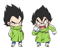 Rule 34 | 10s, 1boy, anger vein, angry, annoyed, arm at side, bad id, bad twitter id, bidarian, black eyes, black hair, boots, chibi, clenched hand, coat, d:, dragon ball, dragon ball super, dragon ball super broly, dragonball z, expressionless, frown, full body, gloves, green coat, hands in pockets, looking at viewer, male focus, open mouth, serious, short hair, simple background, spiked hair, standing, teeth, upper body, v-shaped eyebrows, vegeta, white background, winter clothes