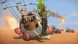 Rule 34 | 6+boys, blue sky, bound, cabbage, car, chain, cloud, commentary request, crossover, desert, flamethrower, guinea pig, highres, kobu ride, mad max, molcar, motor vehicle, multiple boys, outdoors, oversized object, polearm, potato (pui pui molcar), pui pui molcar, sky, spear, steering wheel, tied up (nonsexual), vehicle focus, weapon