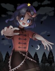 Rule 34 | 1girl, :d, black skirt, blue eyes, blush, breasts, bright pupils, cabbie hat, cloud, crescent moon, foreshortening, from below, glowing, glowing eyes, grass, happy, hat, hat ornament, jiangshi, looking at viewer, miyako yoshika, moon, nene man, night, night sky, open mouth, outstretched arms, outstretched hand, parted bangs, purple hair, purple hat, reaching, reaching towards viewer, sharp teeth, short hair, skirt, sky, small breasts, smile, solo, star (symbol), star hat ornament, teeth, touhou, tree, upper teeth only, zombie pose