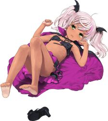 Rule 34 | 1girl, ahoge, barefoot, breasts, comandante cappellini (kancolle), cosplay, dark-skinned female, dark skin, full body, green eyes, halloween costume, jiji (aardvark), kantai collection, long hair, looking at viewer, lying, multicolored hair, on back, pink hair, small breasts, solo, stomach, streaked hair, tan, twintails, vampire costume